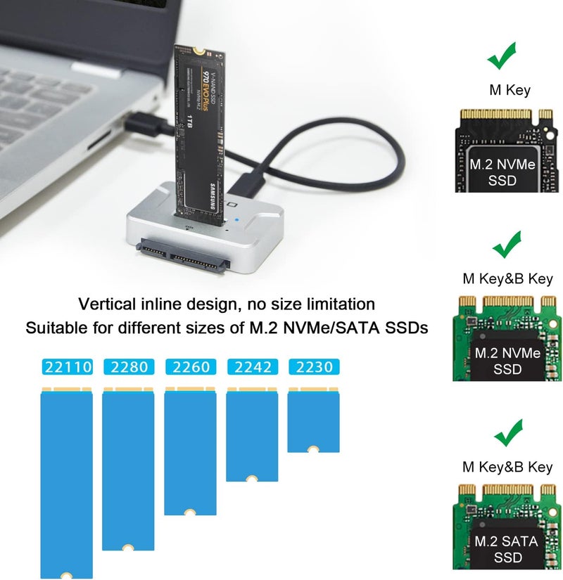 AOKO محطة إرساء USB لمشغل M.2 SATA/NVMe، محول قارئ القرص الصلب، غلاف خارجي لمشغل M.2 SSD لمشغلات M.2 PCIe NVMe وSATA SSDs، متوافق مع SATA III HDD/SSD (محطة M.2 أو محول SATA) - Image 4